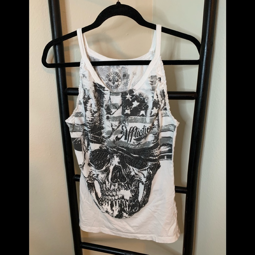 Affliction White with Black skull appliqué tank